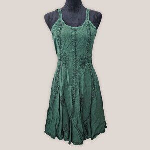 BRAJA Rare Vintage Green Hippie Boho Tie Back Dress Embroidered Mineral Wash